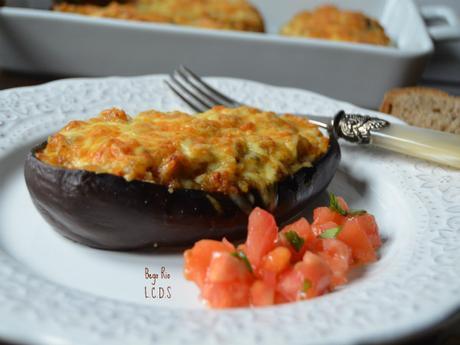 Berenjenas rellenas de arroz integral, setas y lacón