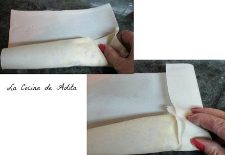 Rollitos de pasta brick, rellenos con boletus, y jamón