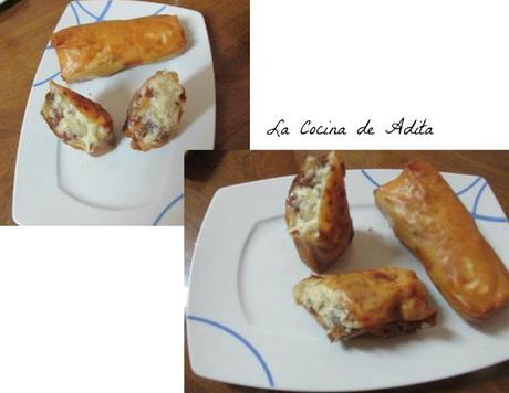 Rollitos de pasta brick, rellenos con boletus, y jamón