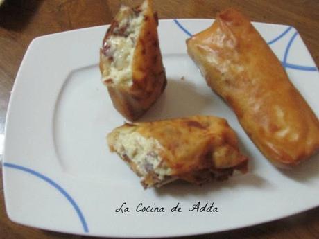 Rollitos de pasta brick, rellenos con boletus, y jamón