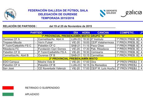 Horarios del fútbol sala base en Ourense (del 19 al 25 de Noviembre de 2015)