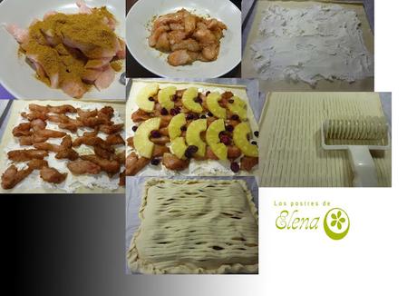 Empanada de pollo, curry con queso, piña y arándanos