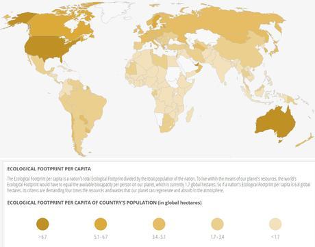 Mapa de huella ecológica per cápita y por pais. Tomado de footprintnetwork.org