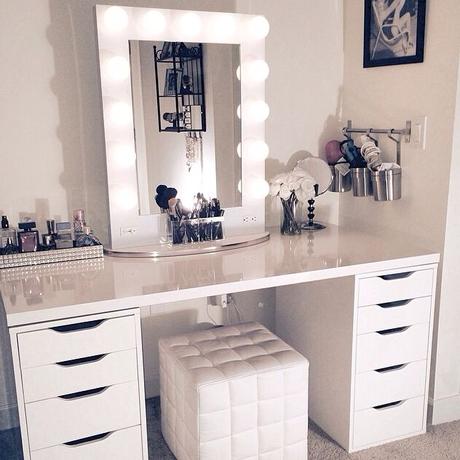Makeup Vanity ❤️ This is so beautiful love the white tufted cube White Broadway Table Top Mirror turns Ikea desk and drawers into your private sanctuary $399 www.VanityGirlHollywood.com: 