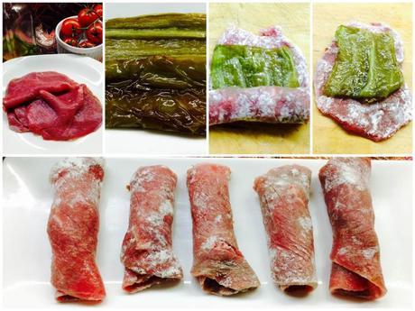 Rollitos de carne rebozada con pimiento verde Rollitos de carne rebozada con pimientos verde elaboración