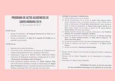Programa de actos académicos santa Barbara 2015 en EIMI Almadén