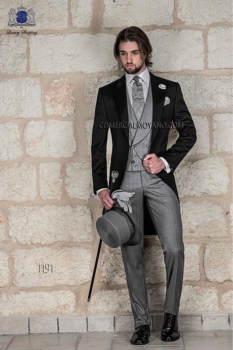 Traje de novio chaqué italiano a medida levita negra, pantalón fil a fil gris modelo 1191 Ottavio Nuccio Gala colección Gentleman.