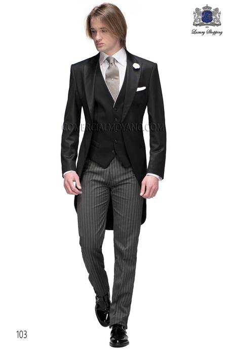 Traje de novio chaqué italiano a medida levita negra sin corte en la cintura, pantalón raya diplomática, modelo 103 Ottavio Nuccio Gala colección Gentleman.