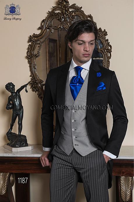 Traje de novio chaqué italiano a medida levita negra sin corte trasero, pantalón rayas diplomáticas, modelo 1187 Ottavio Nuccio Gala colección Gentleman.