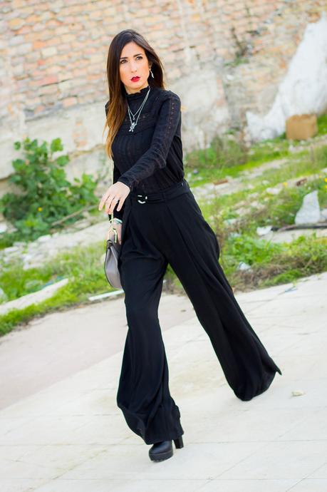 total black look, palazzo pants