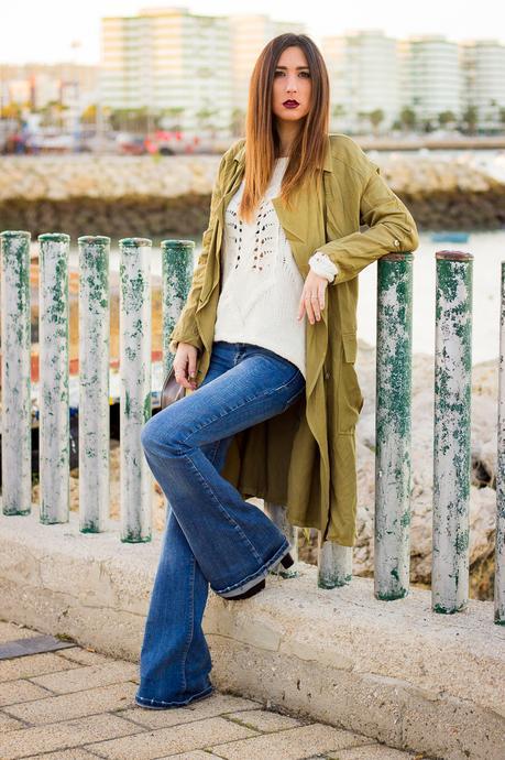 trench and flare jeans
