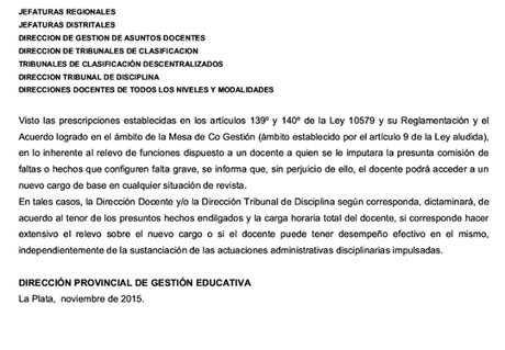 Docente investigado por presunta falta, puede acceder a otro cargo de base