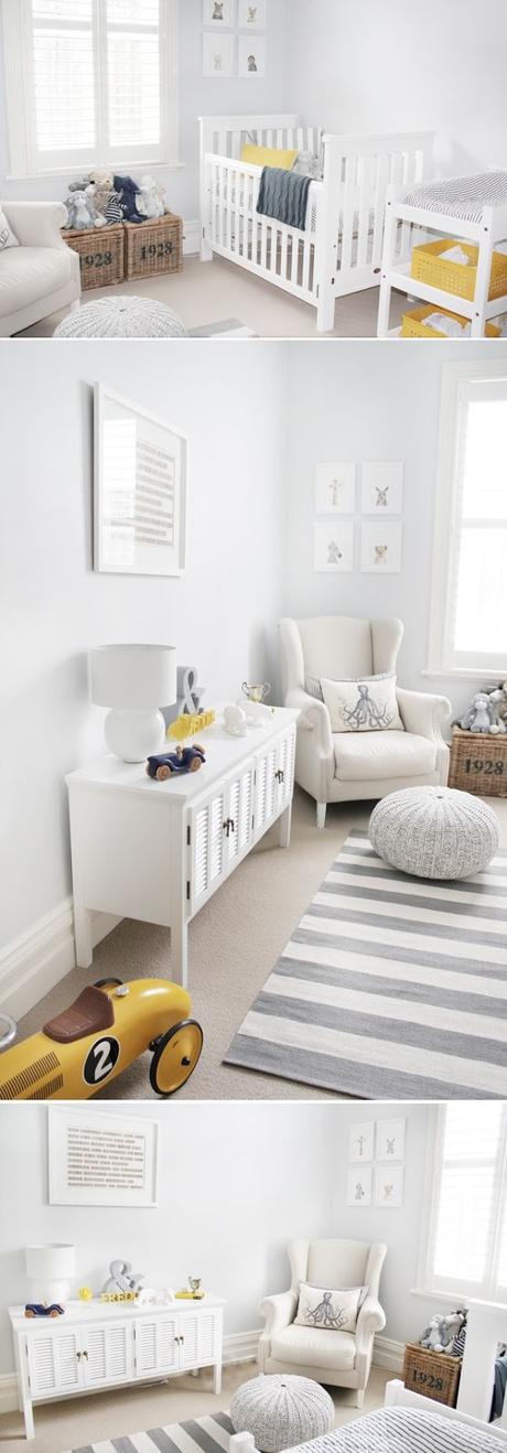 Habitación de Bebé. Gris y Amarillo.