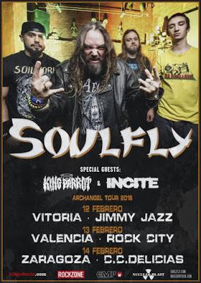 Soulfly en febrero de 2016 en Vitoria, Valencia y Zaragoza