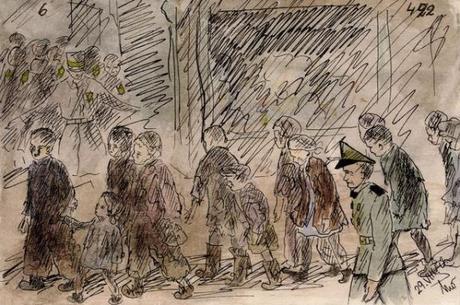 Helga's drawing of youngsters being transported by Nazi guards