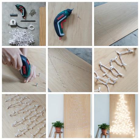 DIY árbol de Navidad con luces en la pared.