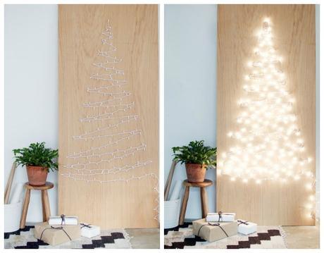 DIY árbol de Navidad con luces en la pared.