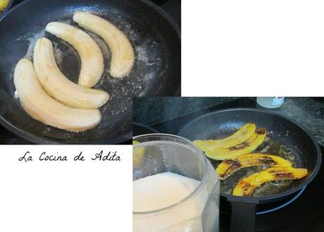 Piña, y plátanos al kirsch, con helado