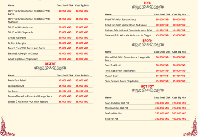 Menu New Day Hanoi