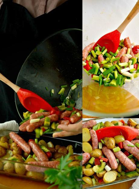 Patatas al horno con verduras y salchichas criollas