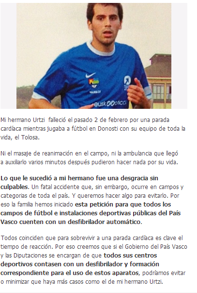 La muerte repentina del fútbolista vasco Urtzi y la petición de su hermano Enetz consiguen 700 desfribiladores en Euskadi
