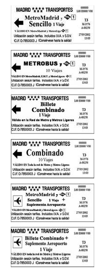 Diferentes billetes de Metro de Madrid