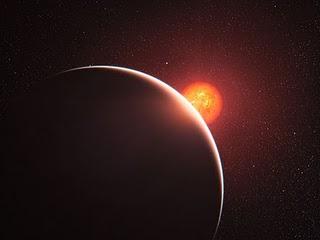 Ilustración artística del exoplaneta GJ 1214b orbitando su estrella