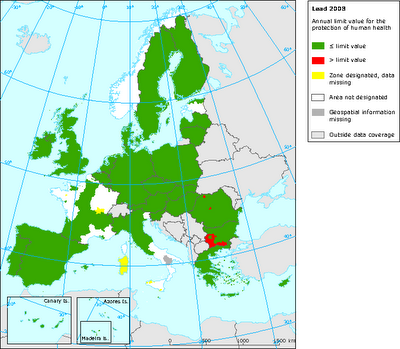 Mapa del valor límite anual de Plomo para protección de la salud (Europa, 2008)