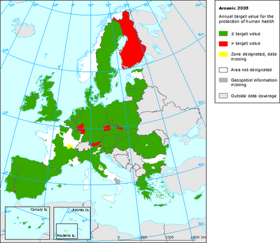 Arsénico: Mapa del valor objetivo anual para protección de la salud (Europa, 2008)