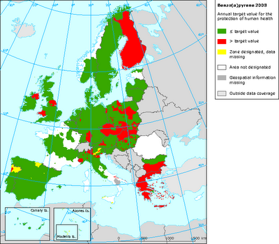 Benzo(a)pireno: Mapa del valor objetivo anual para protección de la salud (Europa, 2008)