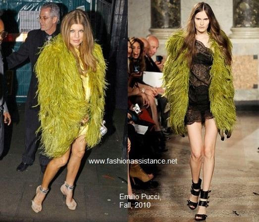 Fergie, fabulosa con un llamativo abrigo de plumas de Pucci