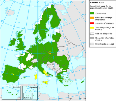 Benceno: Mapa del valor límite anual para protección de la salud (Europa, 2008)