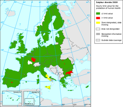 SO2: Mapa del valor límite horario para protección de la salud (Europa, 2008)