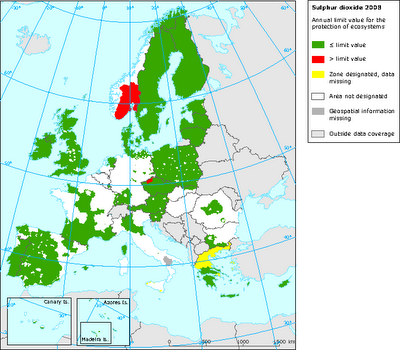 SO2: Mapa del valor límite anual para protección de ecosistemas (Europa, 2008)