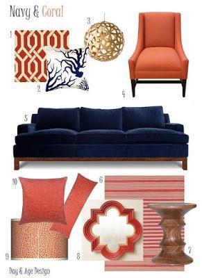 Home Decor Color Palette - Coral & Navy - Paleta de Color para Decorar el Hogar.