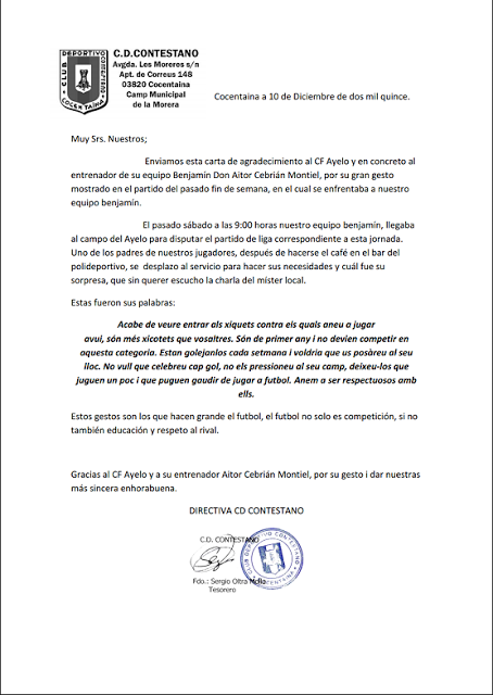 El entrenador del C.F.Aielo Benjamín, Aitor Cebrian y su gran ejemplo... para tomar nota