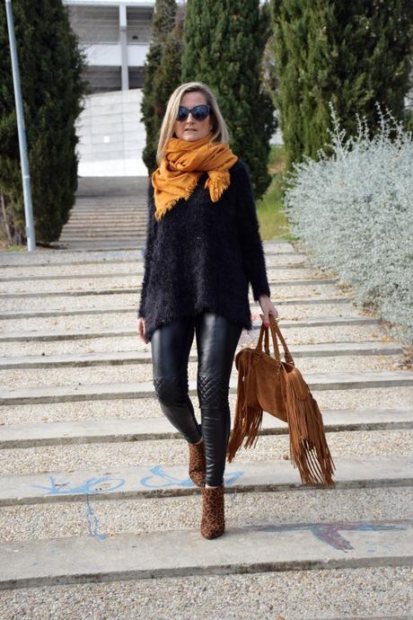 mustard and black outfit