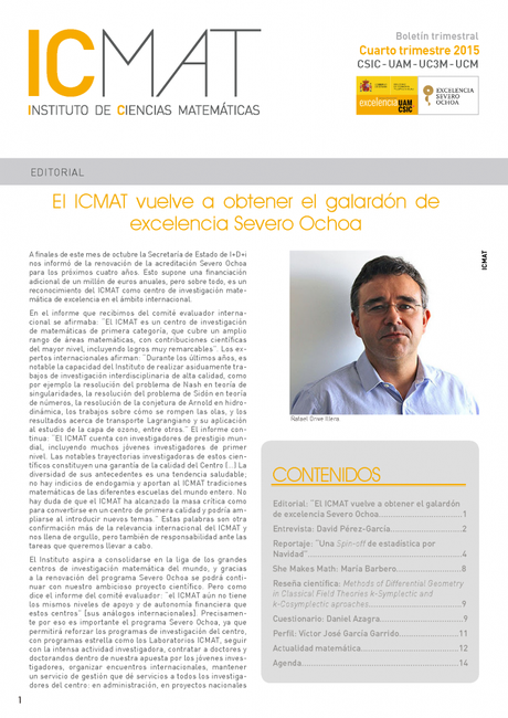 Disponible el último boletín del ICMAT en el 2015, que coincide con la renovación en el Programa Severo Ochoa