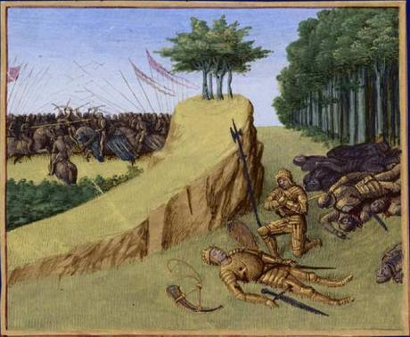 Batalla de Roncesvalles (778). Muerte de Roldán. Carlomagno encuentra el cadáver de Roldán tras la emboscada a su retaguardia. Miniatura de las Grandes Crónicas de Francia, ilustradas por Jean Fouquet, Tours, hacia 1455-1460.