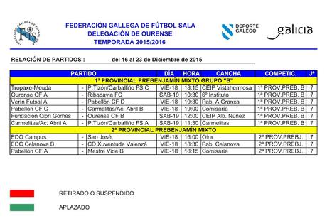 Horarios fútbol sala base en Ourense, del 16 al 23 de Diciembre