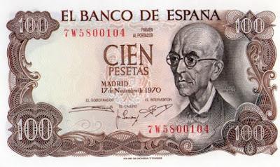 Billete de 100 pesetas decicado a Manuel de Falla