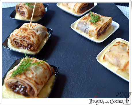 Rollitos de crepes de morcilla con boletus caramelizado