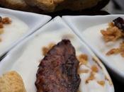 Aperitivo pulpo caramelizado, crema coliflor cebolla frita