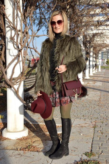 Burgundy and khaki outfit