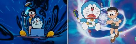 Doraemon y Nobita realizando viajes en el tiempo