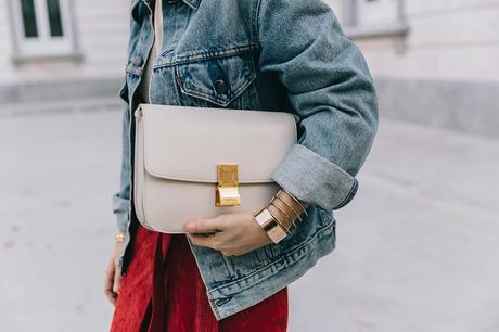 Wrap_Skirt-Red_Skirt-Suede-Levis_Vintage_Denim_Jacket-Isabel_Marant_Shoes-Printed_Pumps-Gold_Bracelets-Celine_Classic_Box-Hoop_Earrings-Topknot-Outfit-Street_Style-Vestiaire_Collective-50