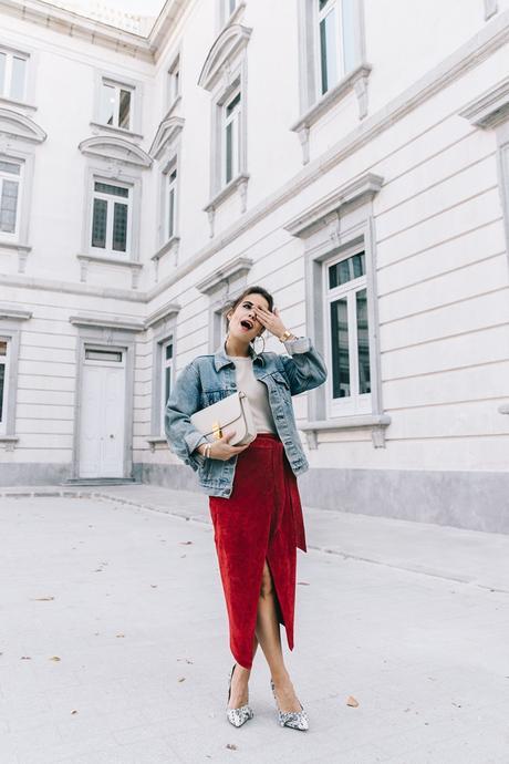 Wrap_Skirt-Red_Skirt-Suede-Levis_Vintage_Denim_Jacket-Isabel_Marant_Shoes-Printed_Pumps-Gold_Bracelets-Celine_Classic_Box-Hoop_Earrings-Topknot-Outfit-Street_Style-Vestiaire_Collective-