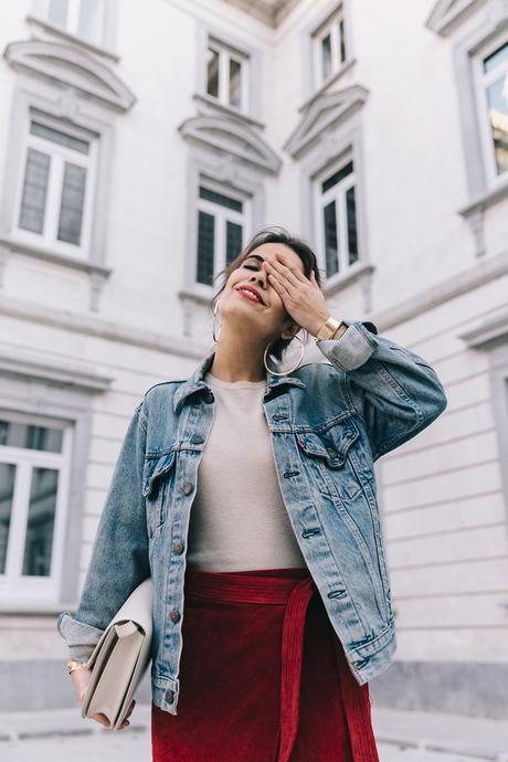 Wrap_Skirt-Red_Skirt-Suede-Levis_Vintage_Denim_Jacket-Isabel_Marant_Shoes-Printed_Pumps-Gold_Bracelets-Celine_Classic_Box-Hoop_Earrings-Topknot-Outfit-Street_Style-Vestiaire_Collective-19
