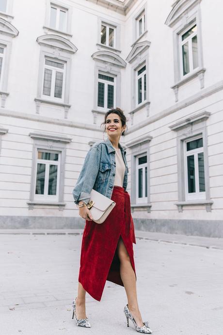 Wrap_Skirt-Red_Skirt-Suede-Levis_Vintage_Denim_Jacket-Isabel_Marant_Shoes-Printed_Pumps-Gold_Bracelets-Celine_Classic_Box-Hoop_Earrings-Topknot-Outfit-Street_Style-Vestiaire_Collective-37