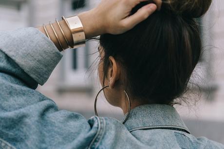Wrap_Skirt-Red_Skirt-Suede-Levis_Vintage_Denim_Jacket-Isabel_Marant_Shoes-Printed_Pumps-Gold_Bracelets-Celine_Classic_Box-Hoop_Earrings-Topknot-Outfit-Street_Style-Vestiaire_Collective-64
